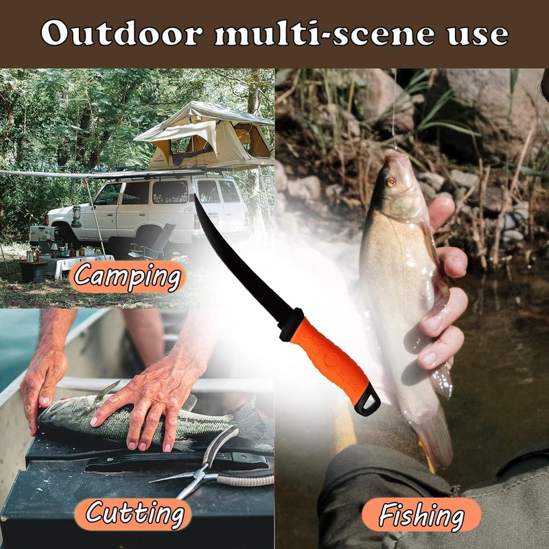 HOWORR Fish Fillet Knife, 7 Inches Professional Fishing Fillet Knife Set Stainless Steel Blade in Corrosion Resistant Coating, with Sharpener and Cutting Resistant Gloves, for Fishing and Outdoor, Orange - Image 2